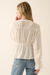 Off White Solid Tiered Ruched Woven Blouse