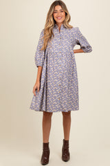 Lavender Floral Button Front 3/4 Sleeve Maternity Dress