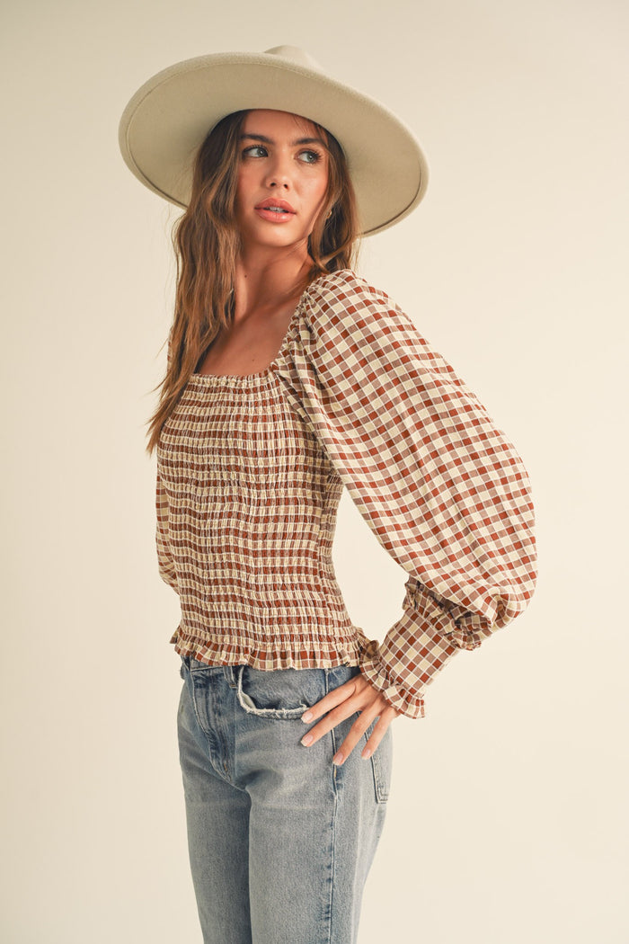Ginger Check Gingham Square Neck Smocking Top