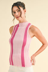 Two Tone Pink Vertical Stripe Lettuce Edge Rib Sweater Tank