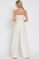 Ivory Beige Tube Vest And High Waisted Satin Long Pants Set
