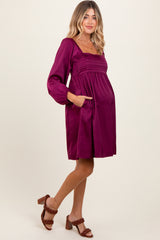 Plum Satin Pleated Detail Bodice Maternity Dress