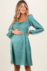 Light Olive Satin Pleated Detail Bodice Maternity Dress