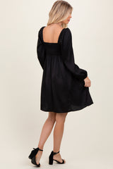 Black Satin Pleated Detail Bodice Dress