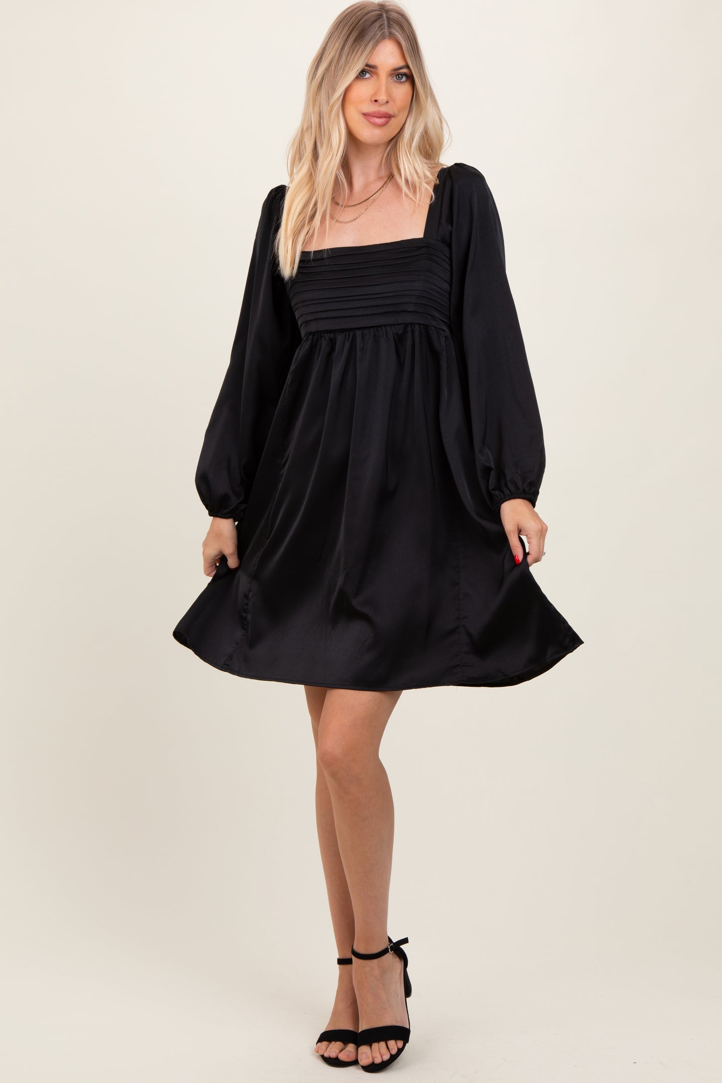 Black Satin Pleated Detail Bodice Dress