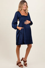 Navy Blue Satin Pleated Detail Bodice Maternity Dress