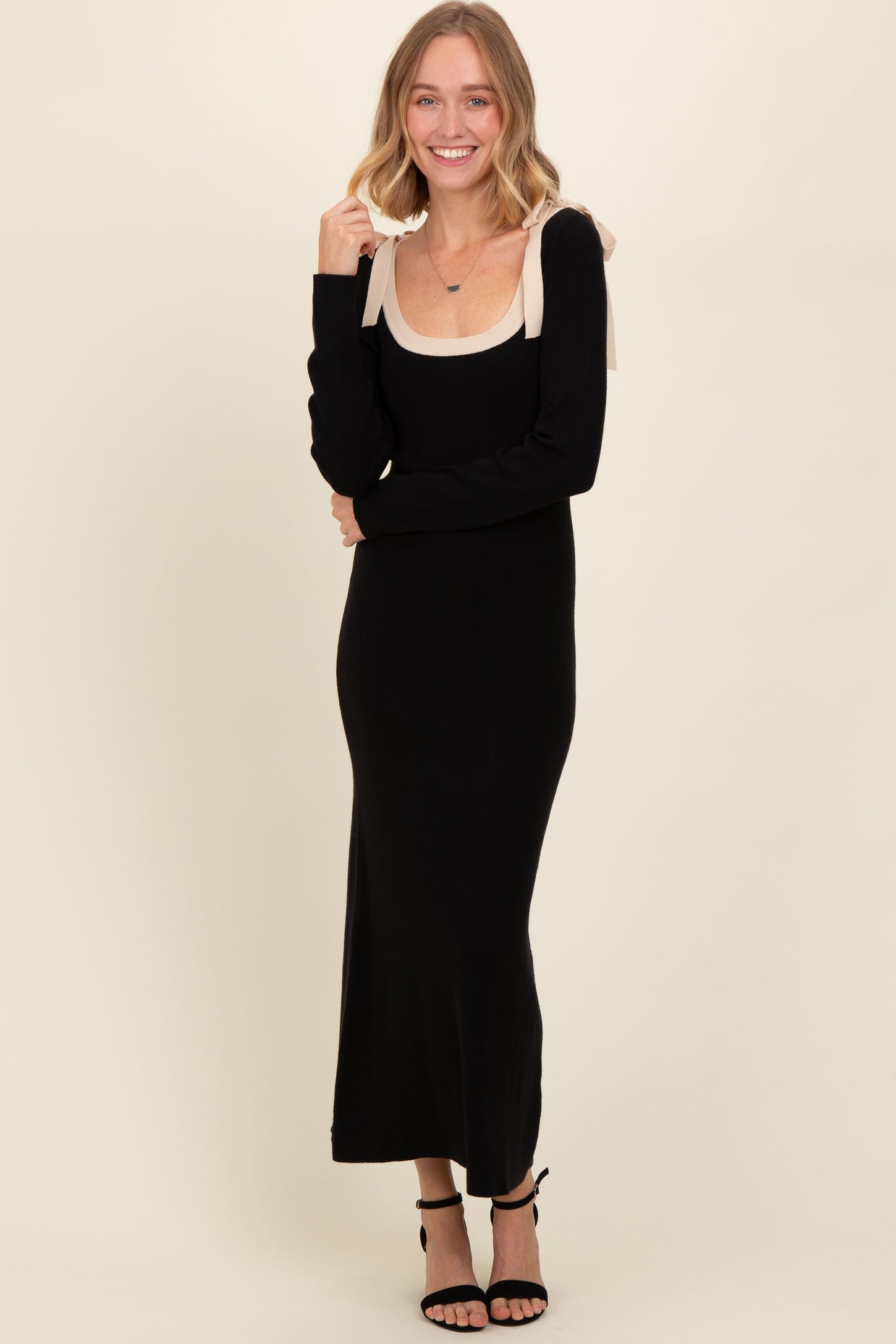 Black Shoulder Bow Detail Maternity Maxi Sweater Dress