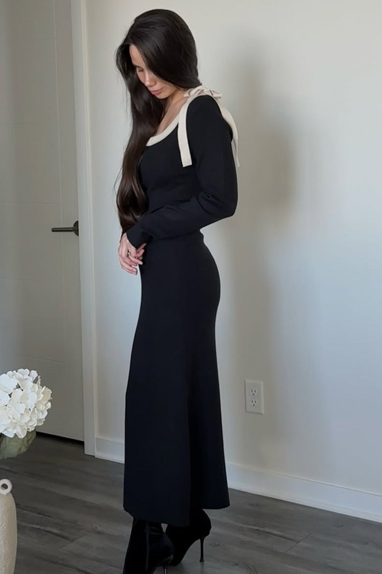 Black Shoulder Bow Detail Maxi Sweater Dress