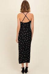 Black Bow Print Ruffle Detail Maxi Dress