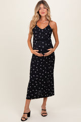 Black Bow Print Ruffle Detail Maternity Maxi Dress