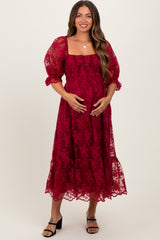 Burgundy Floral Mesh Lace Overlay Maternity Maxi Dress