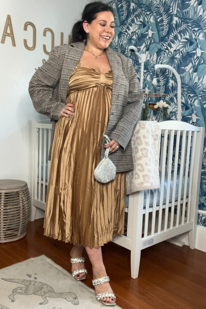 Gold Satin Pleated Sweetheart Maternity Midi Dress
