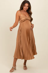 Gold Satin Pleated Sweetheart Maternity Midi Dress