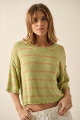 Margarita Apricot Striped Knit Boat Neck 3/4 Sleeve Loose Sweater