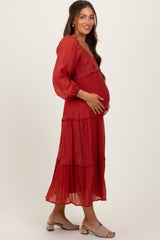 Rust Ruffle Accent Tiered Long Sleeve Maternity Maxi Dress