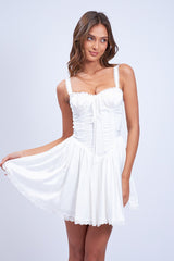 Ivory Satin Corset Shape Lace Trim Flare Mini Dress