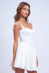 Ivory Satin Corset Shape Lace Trim Flare Mini Dress