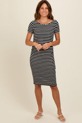 Black Striped Boat Neck Ruched Dress