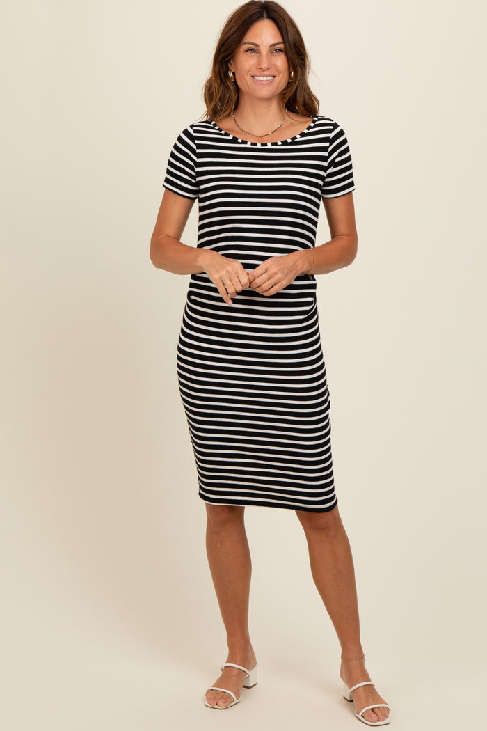 Black Striped Boat Neck Ruched Maternity Dress