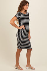 Black Striped Boat Neck Ruched Dress