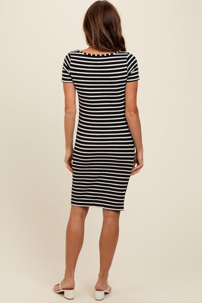 Black Striped Boat Neck Ruched Dress
