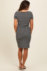 Black Striped Boat Neck Ruched Maternity Dress