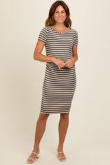 Olive Striped Boat Neck Ruched Maternity Dress