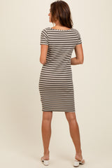 Olive Striped Boat Neck Ruched Dress