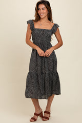 Black Ruffle Strap Smocked Mid Dress