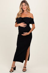 Black Bow Detail Off Shoulder Side Slit Maternity Midi Dress