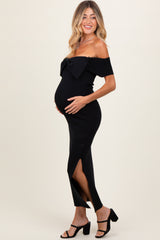 Black Bow Detail Off Shoulder Side Slit Maternity Midi Dress