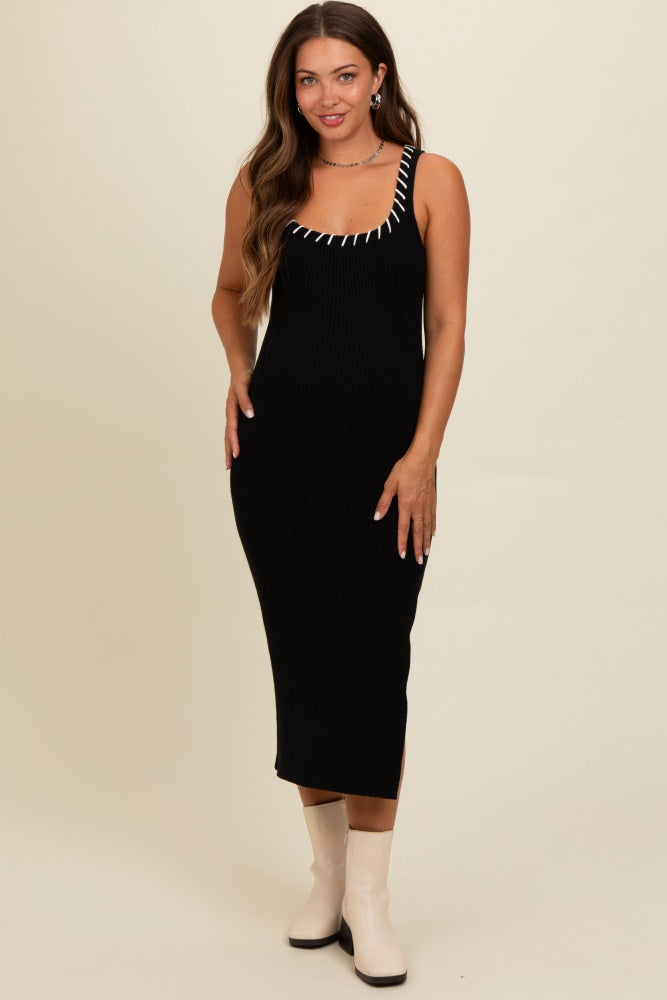 Black Knit Contrast Stitch Detail Maternity Midi Dress