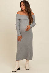 Heather Grey Off Shoulder Back Tie Maternity Sweater Midi Dress