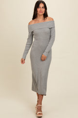 Heather Grey Off Shoulder Back Tie Maternity Sweater Midi Dress