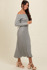 Heather Grey Off Shoulder Back Tie Sweater Midi Dress