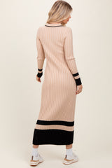 Beige Contrast Trim Knit Polo Midi Dress