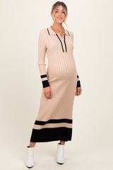 Beige Contrast Trim Knit Polo Maternity Midi Dress