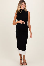 Black Knit Contrast Hem Mock Neck Sleeveless Maternity Midi Dress