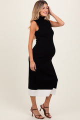 Black Knit Contrast Hem Mock Neck Sleeveless Maternity Midi Dress