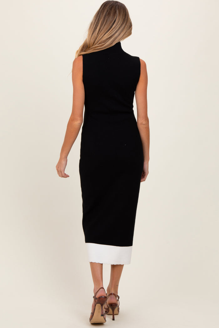 Black Knit Contrast Hem Mock Neck Sleeveless Maternity Midi Dress