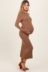 Mocha Ribbed Knit Fitted Maternity Midi Sweater Dress