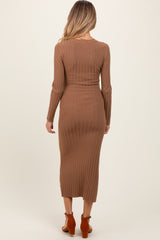 Mocha Ribbed Knit Fitted Maternity Midi Sweater Dress