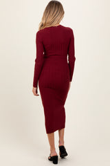 Burgundy Ribbed Knit Fitted Maternity Midi Sweater Dress