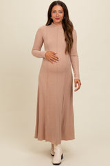 Beige Ribbed Exposed Seam Mock Neck Maternity Dress