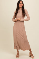 Beige Ribbed Exposed Seam Mock Neck Maternity Dress