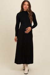 Black Ribbed Exposed Seam Mock Neck Maternity Dress