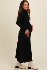 Black Ribbed Exposed Seam Mock Neck Maternity Dress