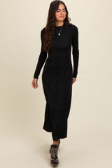 Black Ribbed Exposed Seam Mock Neck Maternity Dress