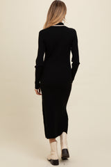 Black Ribbed Contrast Trim Polo Maternity Midi Sweater Dress