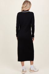 Black Ribbed Contrast Trim Polo Midi Sweater Dress